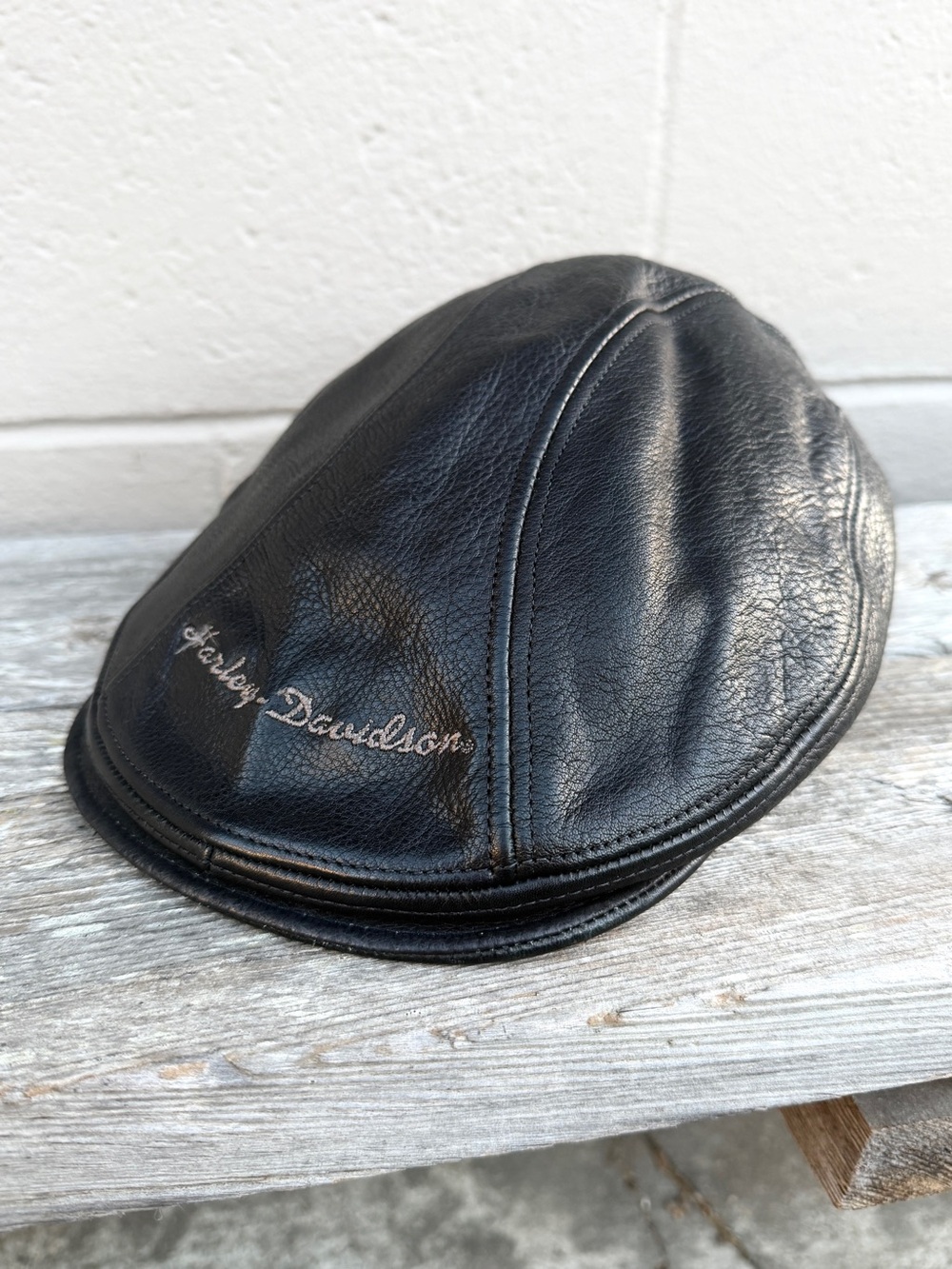 Vintage Harley-Davidson Black Leather Newsboy Cap - L/XL - Made in USA